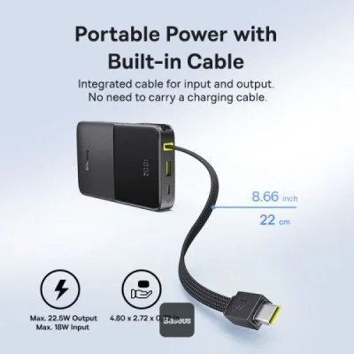 Baseus EnerFill FC51 Bipow2 Pro Digital Display Power Bank with Built-in Cable 10000mAh 22.5W - Cosmic Black